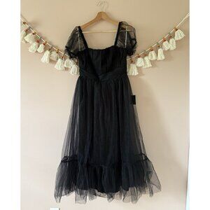 Lulus Flawless Aura Black Tulle Puff Sleeve Ruffled Midi Dress Whimigoth Party